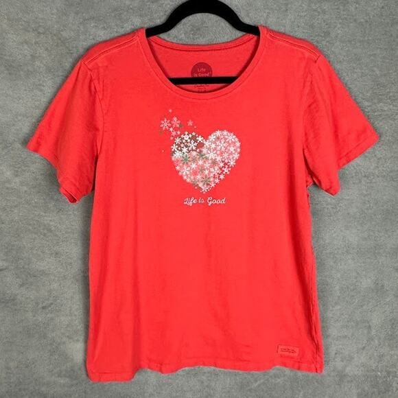 Life Is Good Top Women Large Red Crusher Tee Classic Fit Snowflake Heart Holiday - Picture 1 of 12